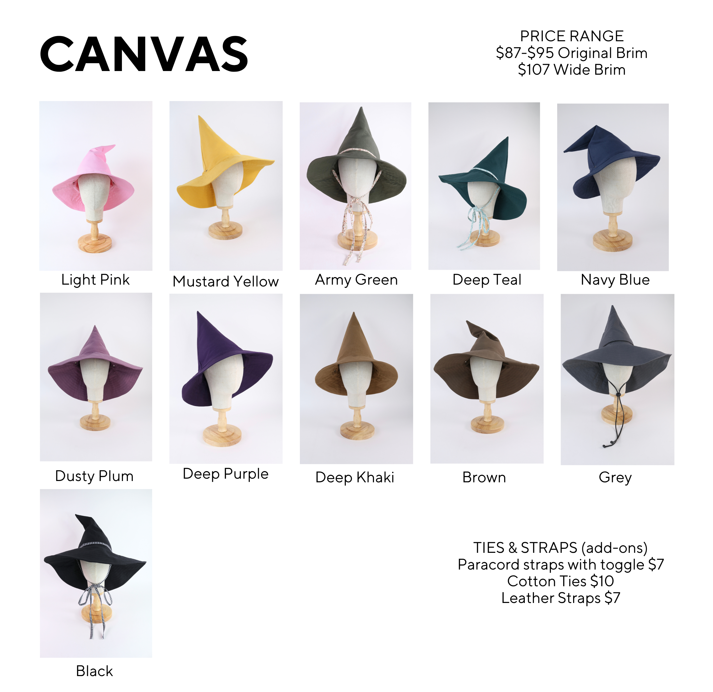 Canvas witch hats in various colors with price range and additional options displayed.