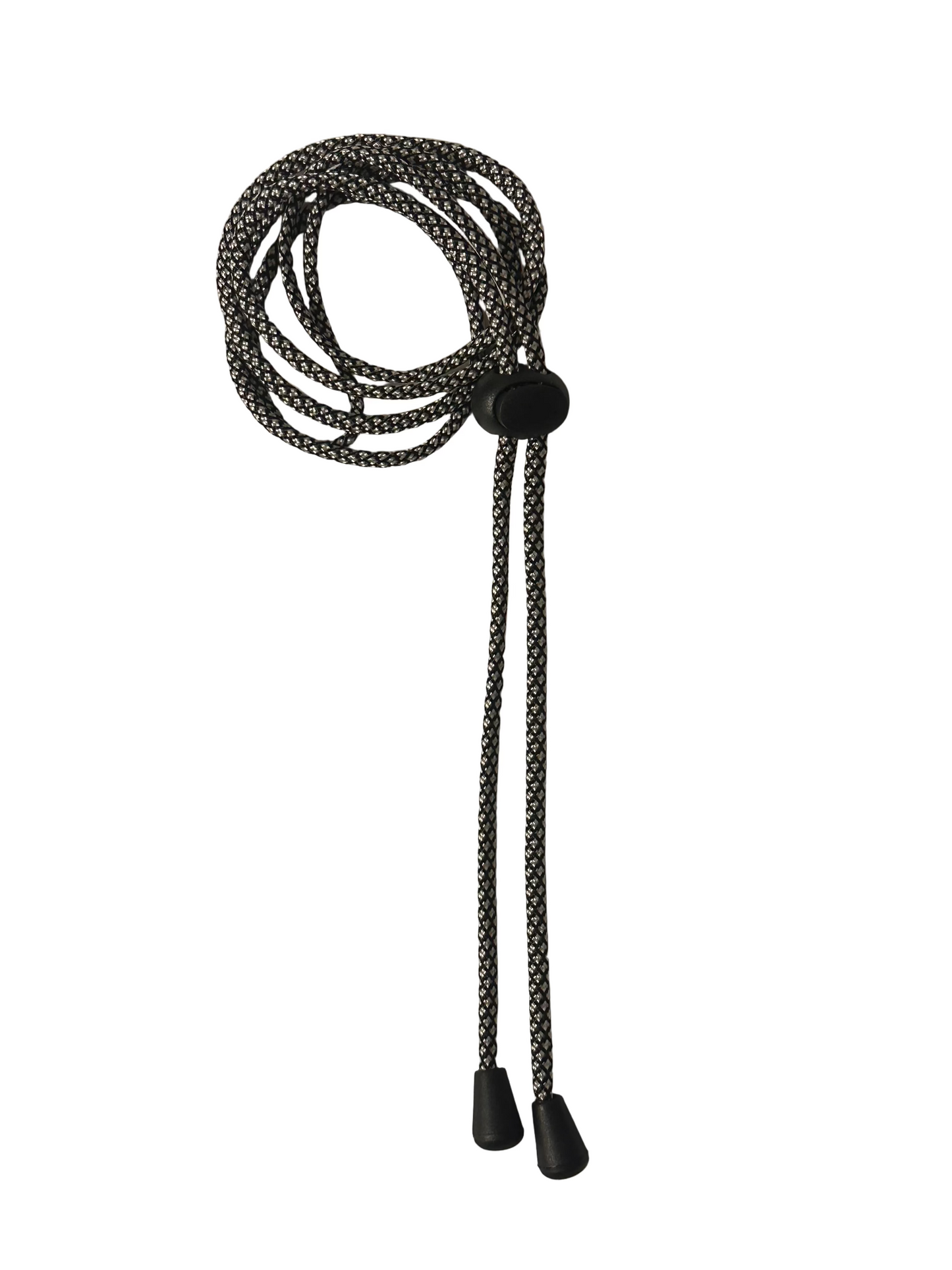 Braided cord in black and white diamond pattern with a black plastic toggle and black end caps