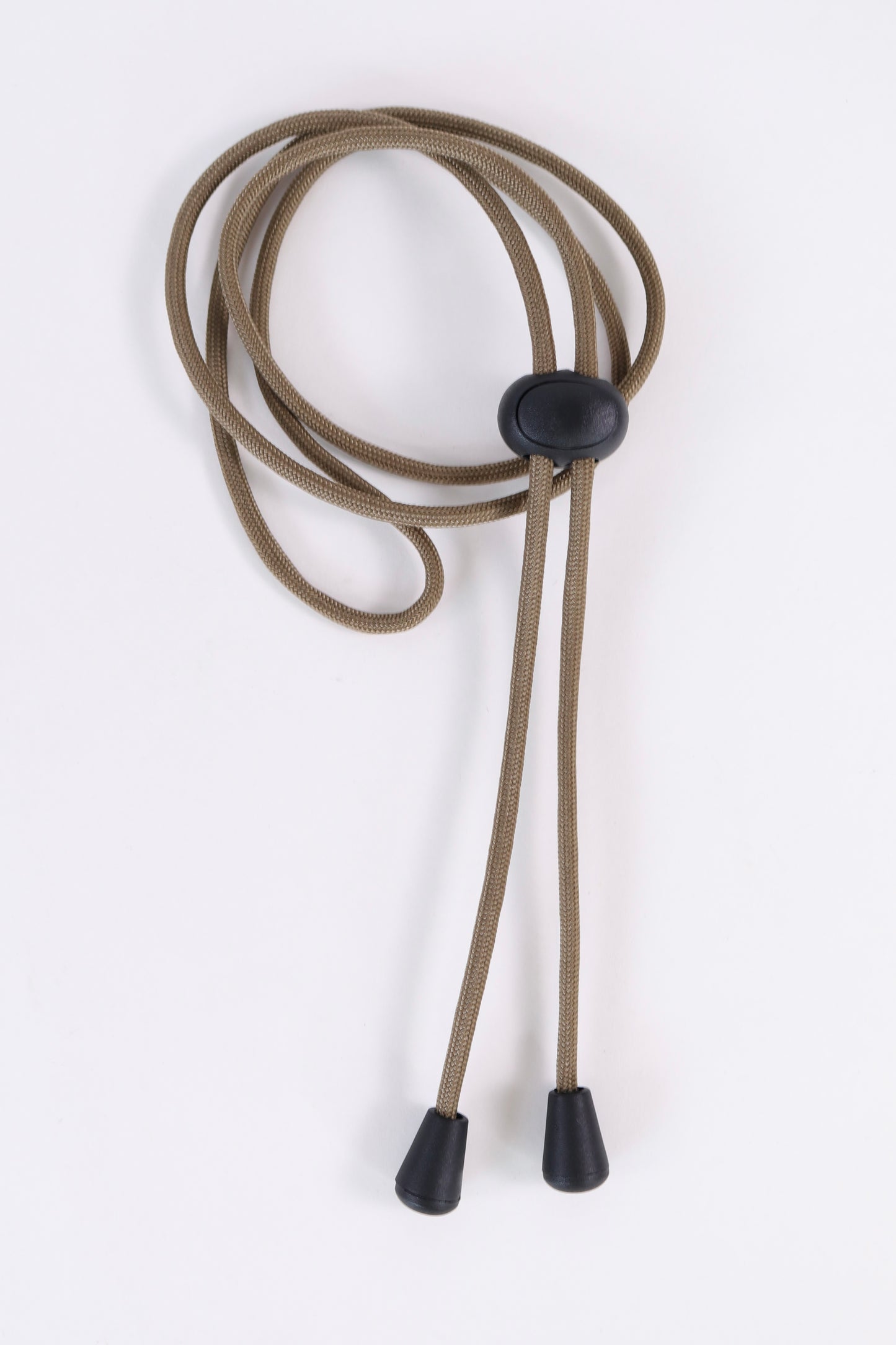 Brown lanyard with black ends and button on a white background