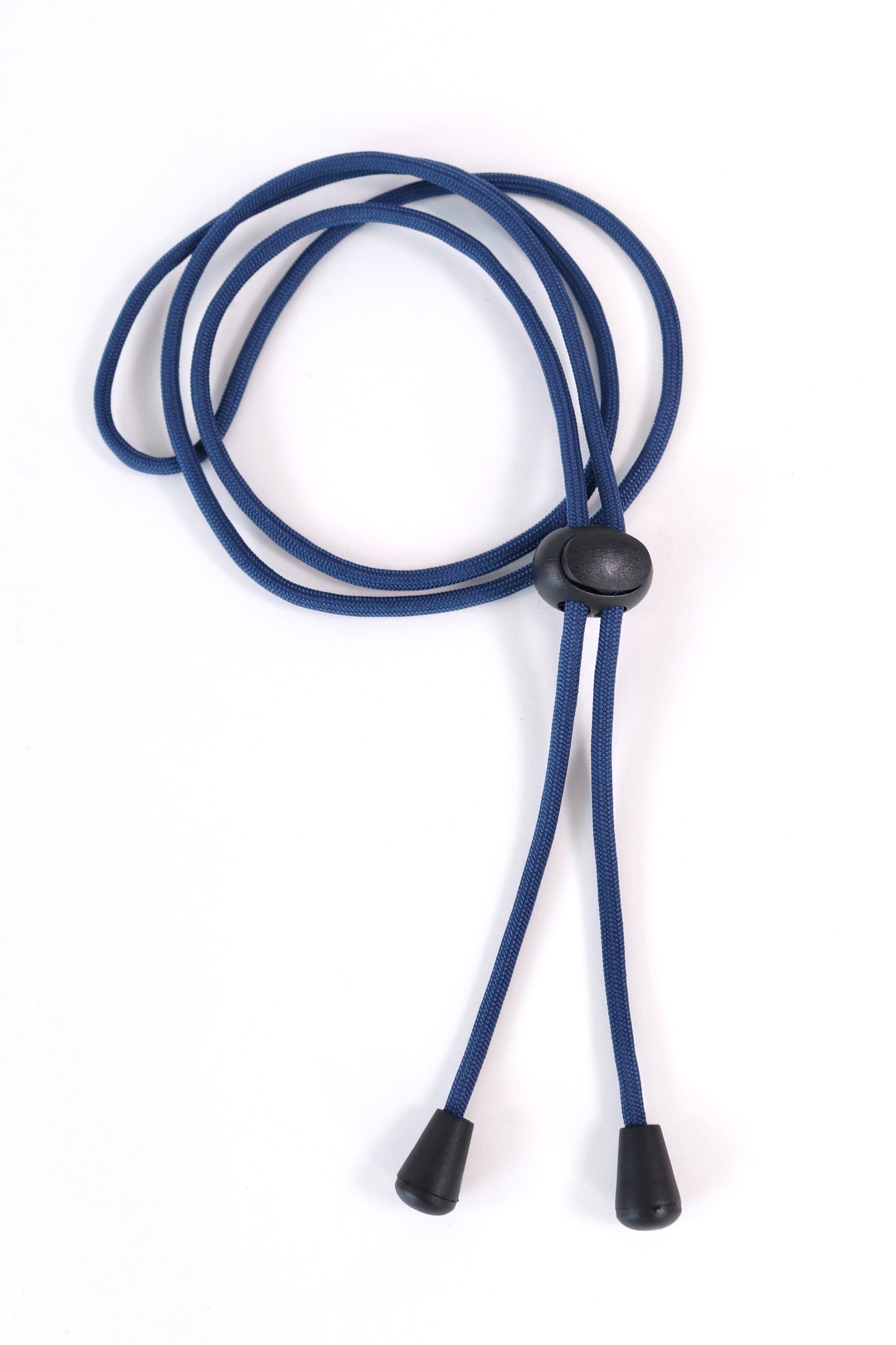 Blue lanyard with a black button on a white background
