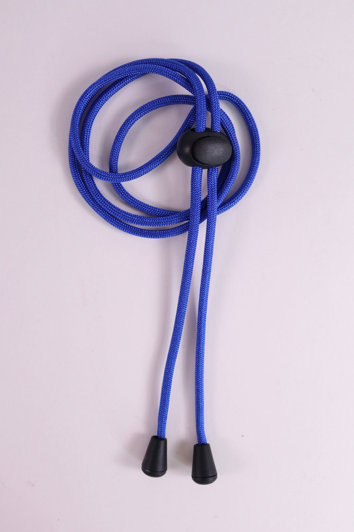 Blue lanyard with black ends on a light gray background