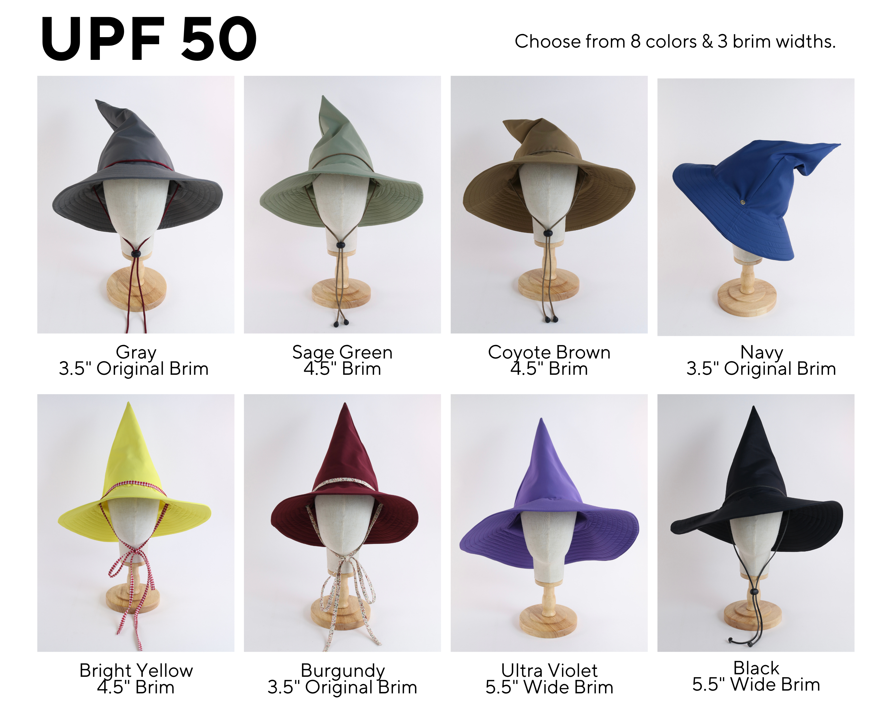 view of a collection of 8 wizard hats all in different colors on a cotton head mannequin on a white background