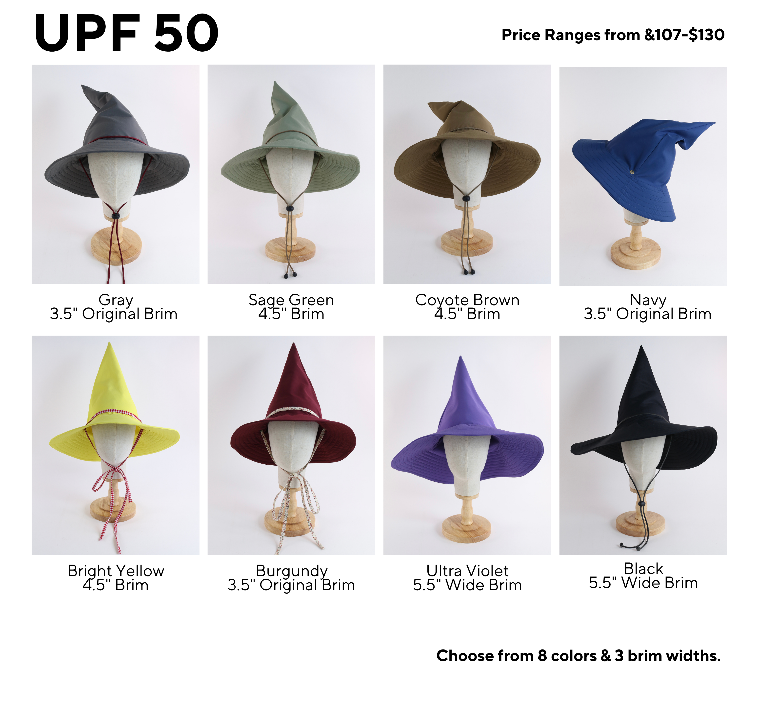 Gallery of Wizard hats on cotton head mannequins in 8 different colors with different colored chin straps